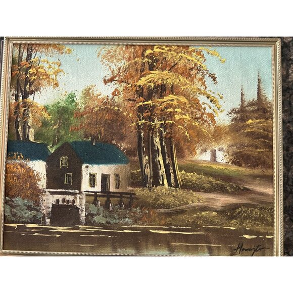 Fall Landscape Oil Painting On Board Mountain Lake Trees 8 x 10 - Picture 6 of 7